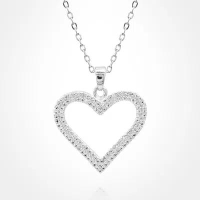 Fashnzfab Stainless Steel Cz Stone Paved Open Heart Pendant Necklace In Silver
