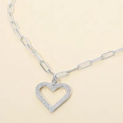 Fashnzfab Stainless Steel Cz Stone Paved Open Heart Pendant Paperclip Chain Necklace In Metallic