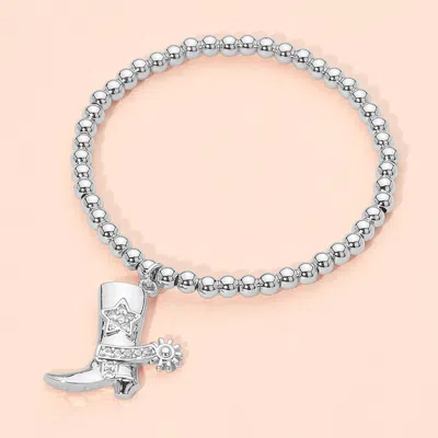 Fashnzfab Stainless Steel Cz Stone Paved Star Accent Cowboy Boot Charm Beaded Stretch Bracelet In Silver