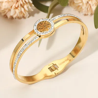 Fashnzfab Stainless Steel Cz Stone Paved Tree Of Life Accent Hinged Bangle Bracelet In Gold