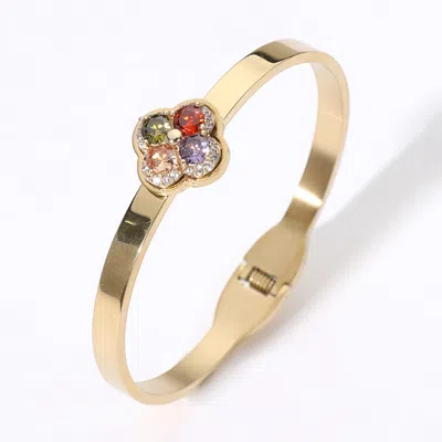 Fashnzfab Stainless Steel Cz Stone Quatrefoil Pointed Hinged Bangle Bracelet Gold