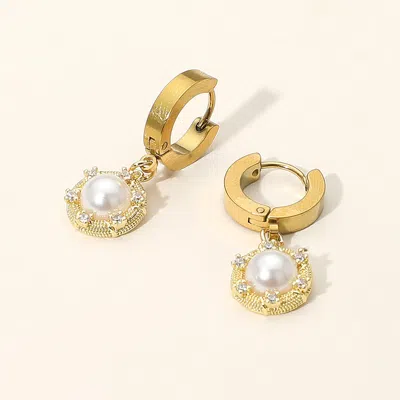 Fashnzfab Stainless Steel Cz Stone Rim Pearl Charm Dangle Huggie Earrings In Gold