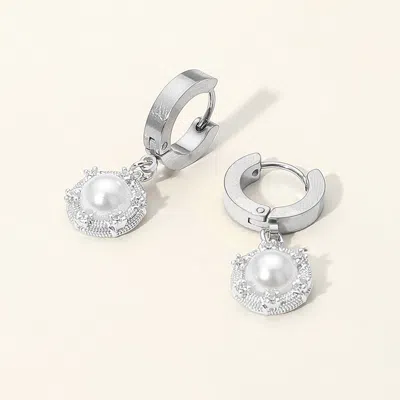 Fashnzfab Stainless Steel Cz Stone Rim Pearl Charm Dangle Huggie Earrings In Silver