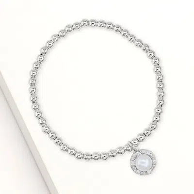 Fashnzfab Stainless Steel Cz Stone Rim Pearl Charm Stretch Bracelet Silver
