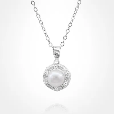 Fashnzfab Stainless Steel Cz Stone Rim Pearl Pendant Necklace In Silver