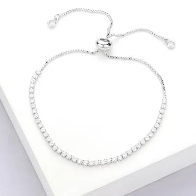 Fashnzfab Stainless Steel Cz Stone Tennis Chain Pull Tie Adjustable Bracelet Silver