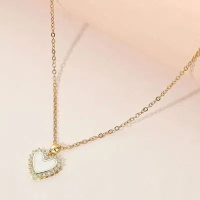 Fashnzfab Stainless Steel Cz Trim Mother Of Pearl Heart Pendant Necklace In Pattern