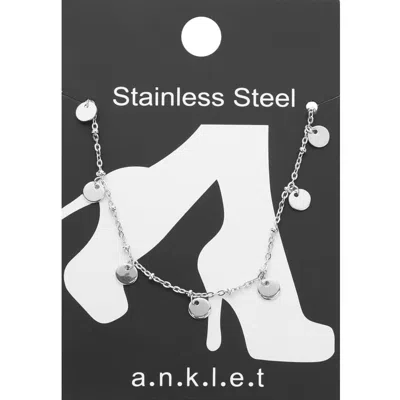 Fashnzfab Stainless Steel Disc Charm Station Anklet In Metallic