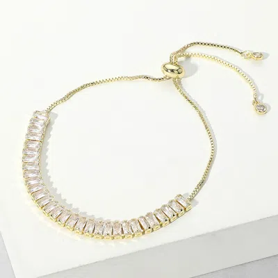 Fashnzfab Stainless Steel Emerald Cut Cz Stone Tennis Chain Pull Tie Adjustable Bracelet Clear, Gold In Multi