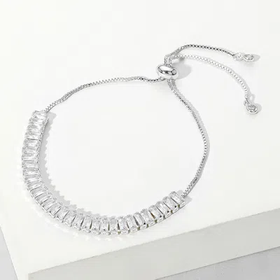 Fashnzfab Stainless Steel Emerald Cut Cz Stone Tennis Chain Pull Tie Adjustable Bracelet Clear, Silver In Multi