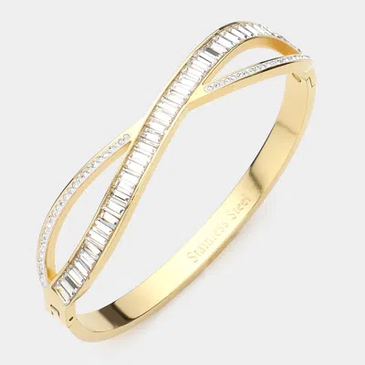 Fashnzfab Stainless Steel Emerald Round Stone Paved Infinity Hinged Bracelet Clear, Gold In Multi