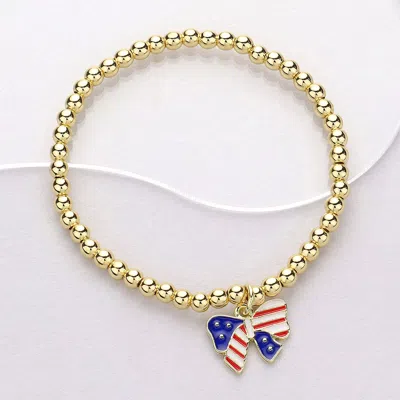 Fashnzfab Stainless Steel Enamel American Usa Flag Bow Charm Pointed Stretch Bracelet Gold