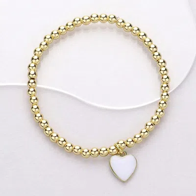 Fashnzfab Stainless Steel Enamel Heart Charm Beaded Stretch Bracelet Gold, White
