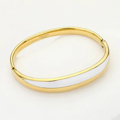 Fashnzfab Stainless Steel Enamel Hinged Bangle Bracelet Gold, White In Multi