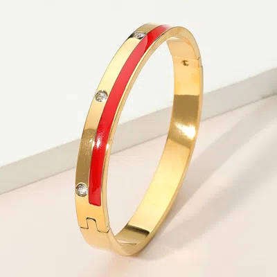 Fashnzfab Stainless Steel Enamel Inlay Cz Stone Accents Hinged Bangle Bracelet In Multi