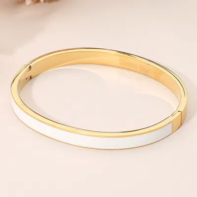 Fashnzfab Stainless Steel Enamel Inlay Hinged Bangle Bracelet - White In Silver