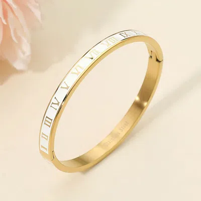 Fashnzfab Stainless Steel Enamel Inlay Roman Numeral Hinged Bangle Bracelet In Metallic