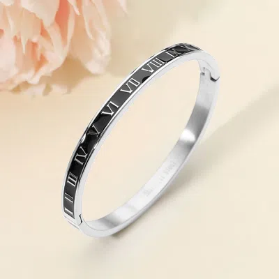 Fashnzfab Stainless Steel Enamel Inlay Roman Numeral Hinged Bangle Bracelet In Silver