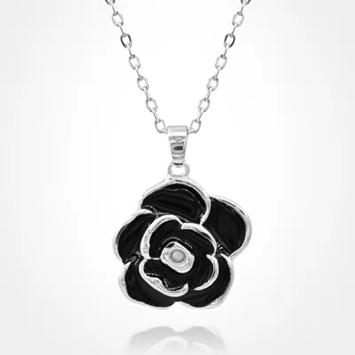Fashnzfab Stainless Steel Enamel Rose Pendant Necklace In Black
