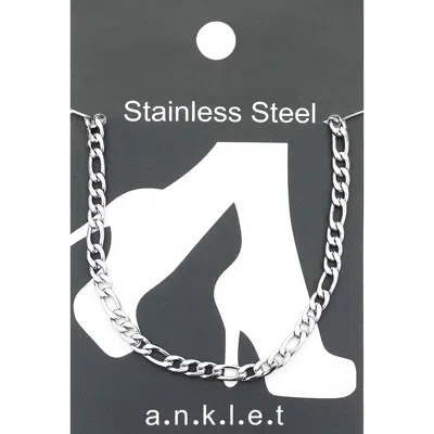 Fashnzfab Stainless Steel Figaro Chain Anklet 0.15" H, 9.75" + 2" L In Metallic