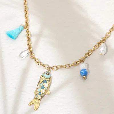 Fashnzfab Stainless Steel Fish Pearl Charm Station Necklace In Gold