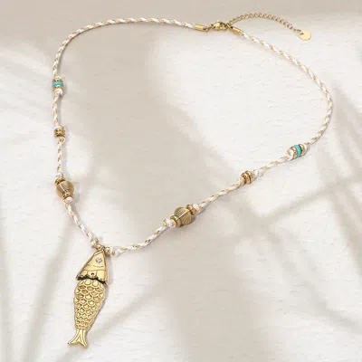 Fashnzfab Stainless Steel Fish Pendant Accent Braided Thread Necklace In Gold