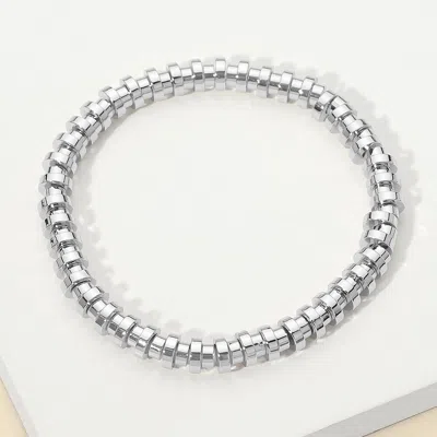 Fashnzfab Stainless Steel Flat Disc Beaded Stretch Bracelet In Silver