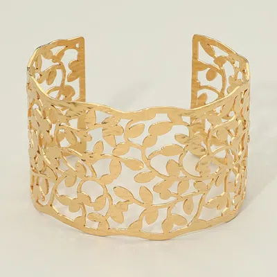 Fashnzfab Stainless Steel Floral Filigree Open Work Wide Cuff Bracelet In Gold