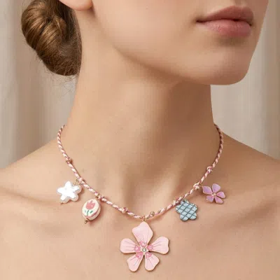 Fashnzfab Stainless Steel Floral Pearl Charm Station Braided Thread Necklace In White
