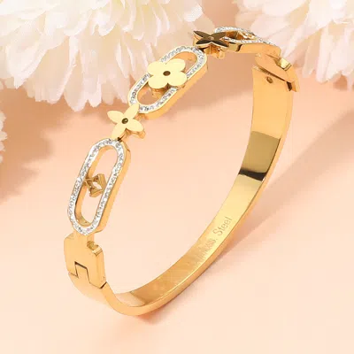 Fashnzfab Stainless Steel Geometric Clover Motif Stone Paved Link Hinged Bangle Bracelet In Gold