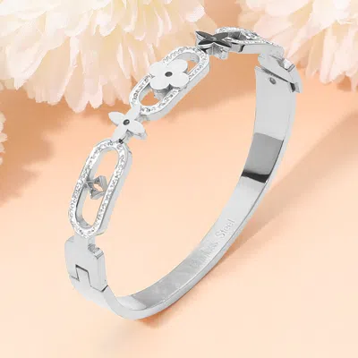 Fashnzfab Stainless Steel Geometric Clover Motif Stone Paved Link Hinged Bangle Bracelet In Metallic