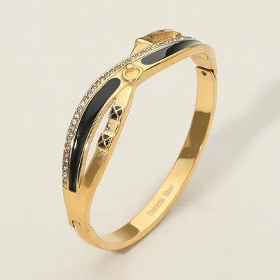 Fashnzfab Stainless Steel Geometric Cz Stone Paved Enamel Inlay Accent Hinged Bangle Bracelet In Black