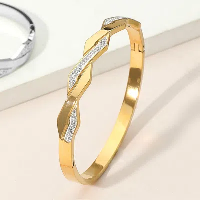 Fashnzfab Stainless Steel Geometric Cz Stone Paved Hinged Bangle Bracelet Gold