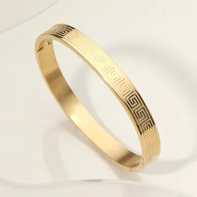 Fashnzfab Stainless Steel Geometric Pattern Engraved Hinged Bangle Bracelet Gold