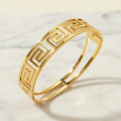 Fashnzfab Stainless Steel Greek Key Openwork Hinged Bangle Bracelet In Gold