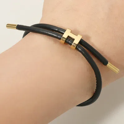 Fashnzfab Stainless Steel H Monogram Charm Accent Cord Adjustable Cinch Pull Tie Bracelet In Black