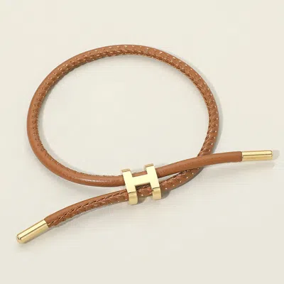 Fashnzfab Stainless Steel H Monogram Charm Accent Cord Adjustable Cinch Pull Tie Bracelet In Brown