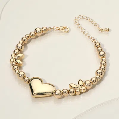 Fashnzfab Stainless Steel Heart Butterfly Ball Beaded Bracelet Gold