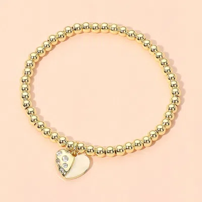 Fashnzfab Stainless Steel Heart Charm Beaded Stretch Bracelet In Gold