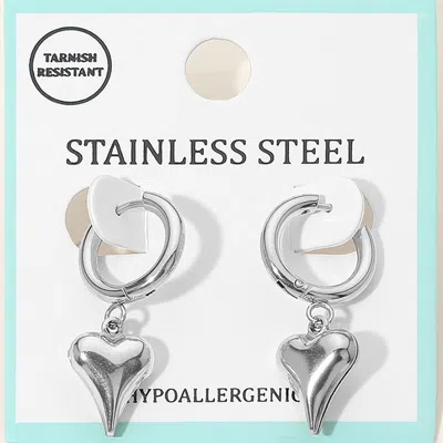 Fashnzfab Stainless Steel Heart Charm Drop Dangle Huggie Hoop Earrings In Metallic