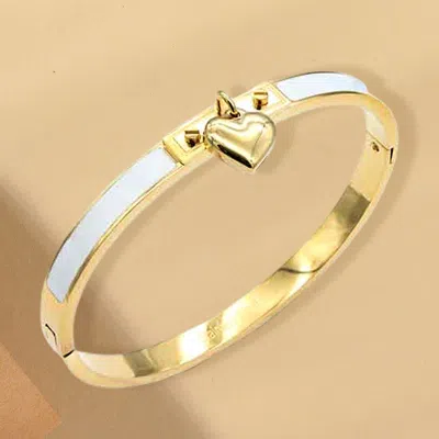 Fashnzfab Stainless Steel Heart Charm Enamel Inlay Hinged Bangle Bracelet In Gold