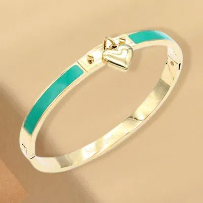 Fashnzfab Stainless Steel Heart Charm Enamel Inlay Hinged Bangle Bracelet In Gold