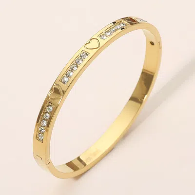 Fashnzfab Stainless Steel Heart Engraved Cz Pave Hinged Bangle Bracelet In Gold