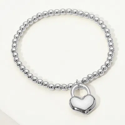 Fashnzfab Stainless Steel Heart Lock Charm Beaded Stretch Bracelet In Silver