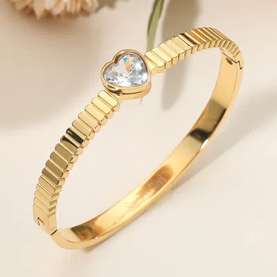Fashnzfab Stainless Steel Heart Stone Accent Hinged Bangle Bracelet In Gold