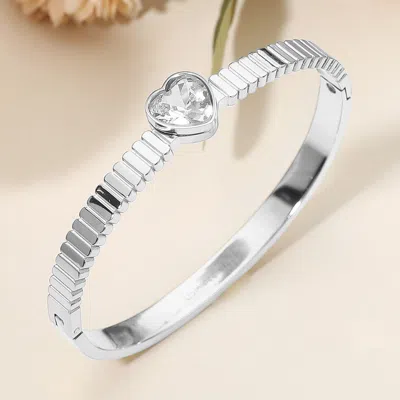 Fashnzfab Stainless Steel Heart Stone Accent Hinged Bangle Bracelet In Silver