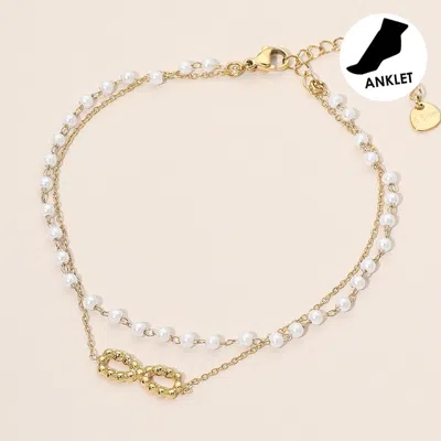 Fashnzfab Stainless Steel Infinity Charm Accent Pearl Chain Layered Chain Anklet In Transparent