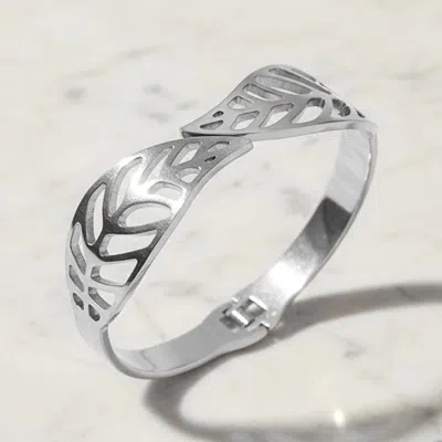 Fashnzfab Stainless Steel Leaf Openwork Hinged Bangle Bracelet In Silver