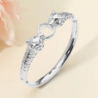 Fashnzfab Stainless Steel Leopard Head Link Hinged Bangle Bracelet In Metallic