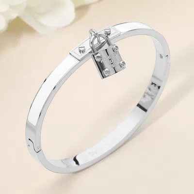 Fashnzfab Stainless Steel Lock Charm Enamel Inlay Hinged Bangle Bracelet In Metallic